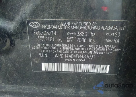 2014 Hyundai Elantra Se z USA, uszkodzony, nr VIN 5NPDH4AE4EH483031